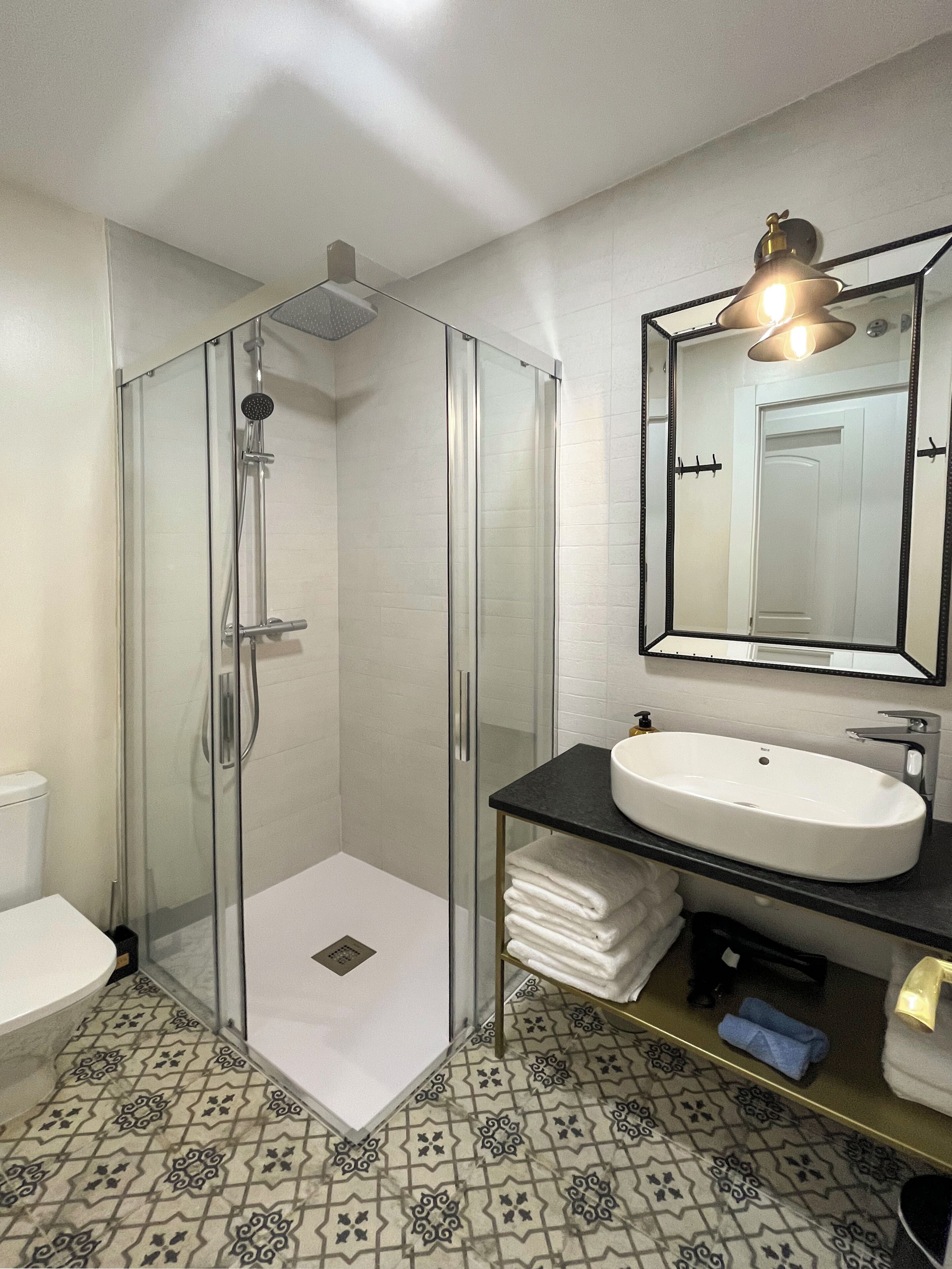 Un baño moderno con ducha de vidrio, un lavabo blanco y un espejo encima.
