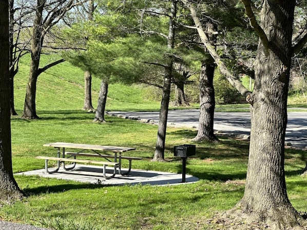 A park with a picnic table and a trash can.