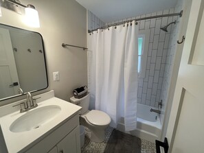 A bathroom with a white sink, toilet, and shower area. - River Perch on the Cacapon: private home on 27 acres and 1200 ft of riverfront (Yellow Spring)
