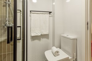 Ein Badezimmer mit Duschkabine aus Glas, Toilette und Handtuchhalter mit zwei Handtüchern.