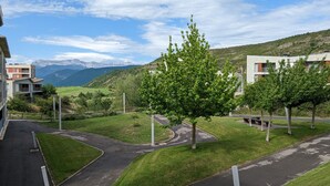 Un quartier résidentiel avec une route, des pelouses verdoyantes et des arbres.