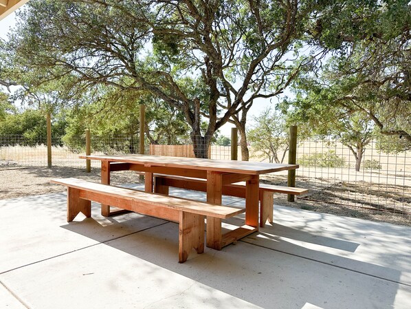 Table and benches on back patio