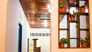 A hallway with an arched ceiling, a window with potted plants, and a bench. - Hostal El Rio (León)