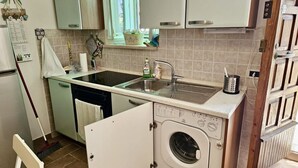 Una cucina compatta con lavatrice, lavello e una finestra con una pianta.