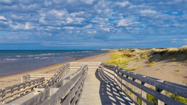 A wooden boardwalk leading to a beach with dunes and a clear sky.
