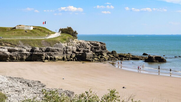 Une plage bordée de falaises rocheuses, un ciel dégagé et quelques personnes se promenant le long du rivage.