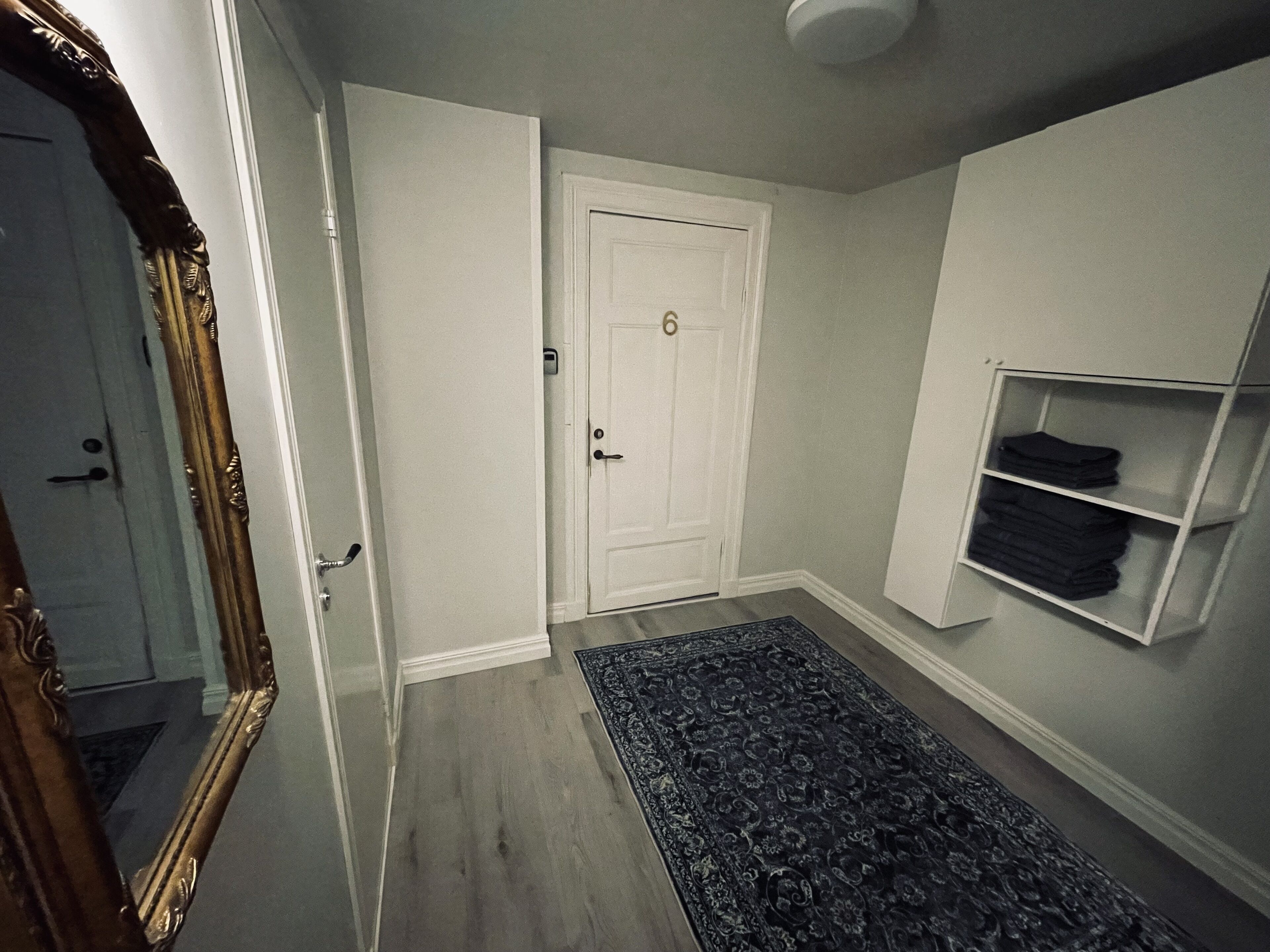 Un couloir avec une porte blanche, un miroir, un tapis à motifs sombres et une étagère avec des vêtements pliés.