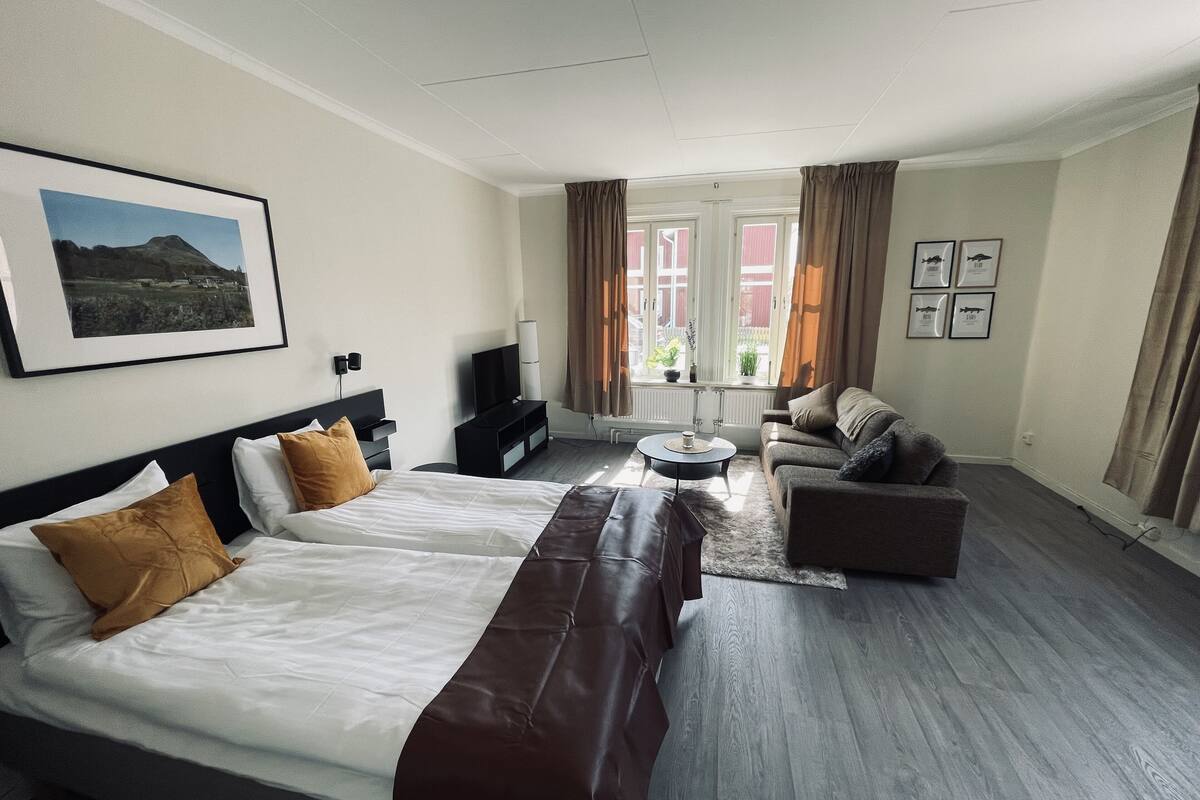 Habitación de hotel con una cama grande, un sofá, una mesa de centro y un televisor. Hay cortinas, una ventana con vistas y cuadros en la pared.