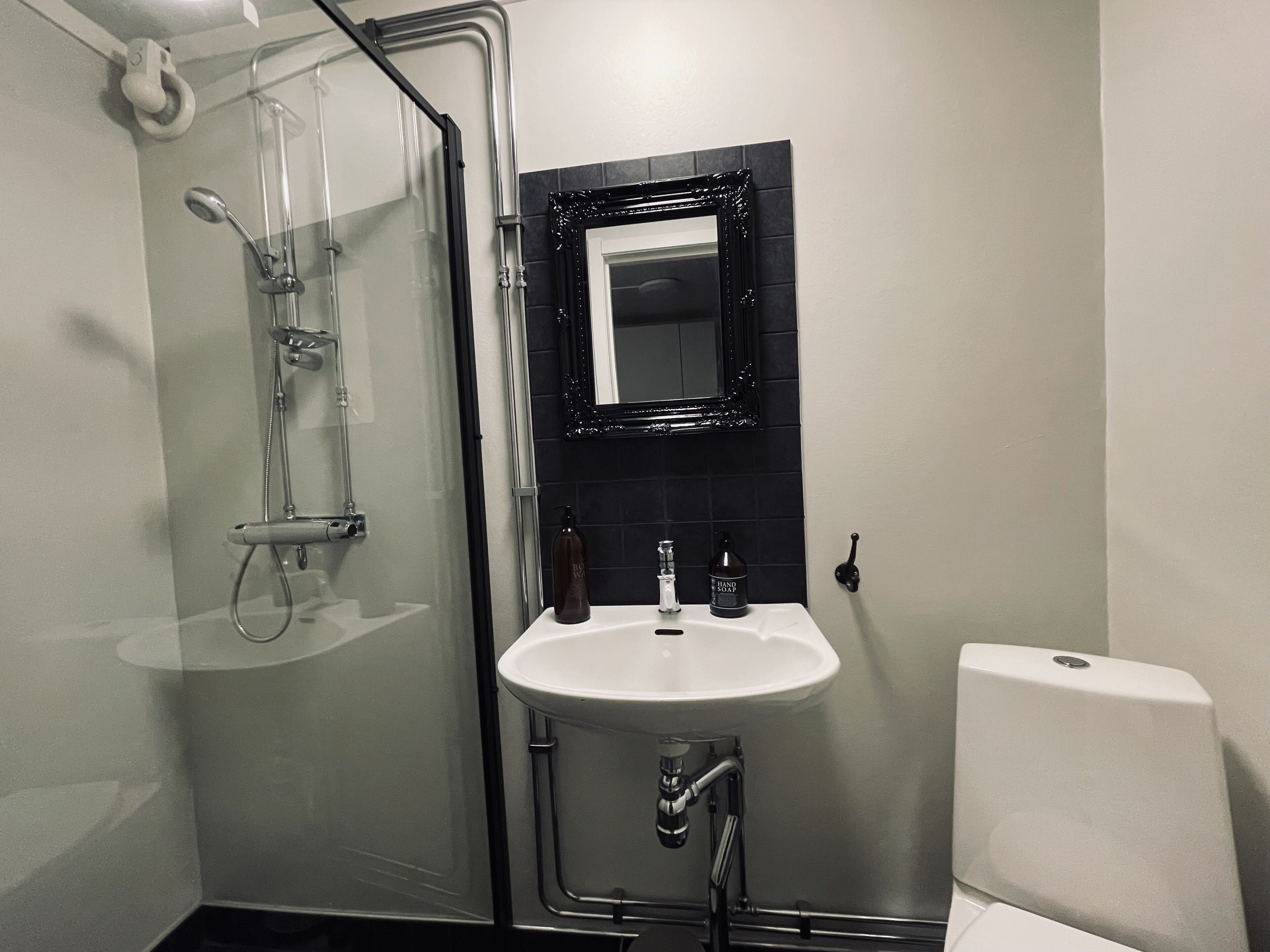 A bathroom with a glass-enclosed shower, a white sink, a black-framed mirror, and a white toilet.