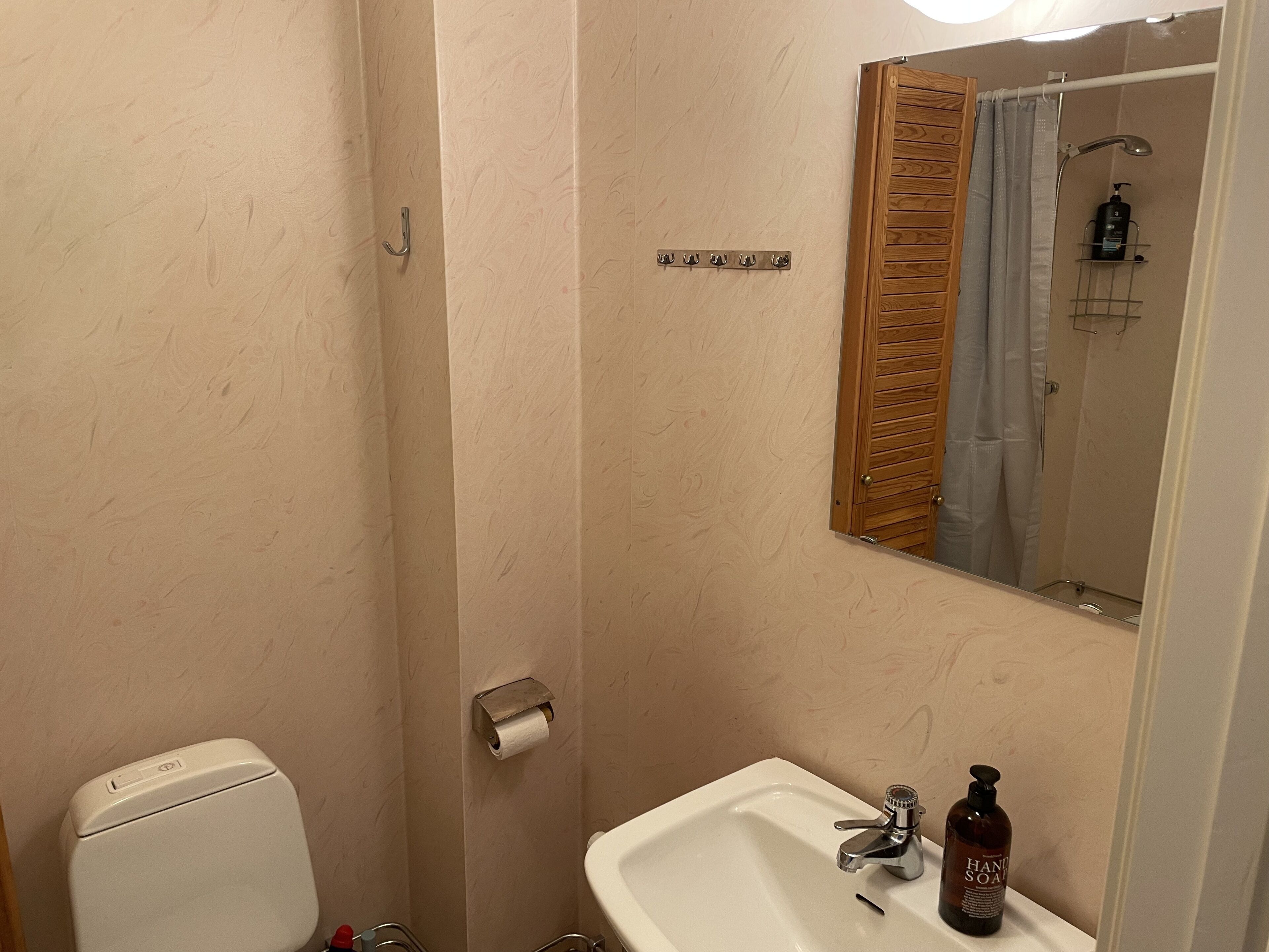 Un baño con inodoro, lavamanos, espejo, ducha y toallero.