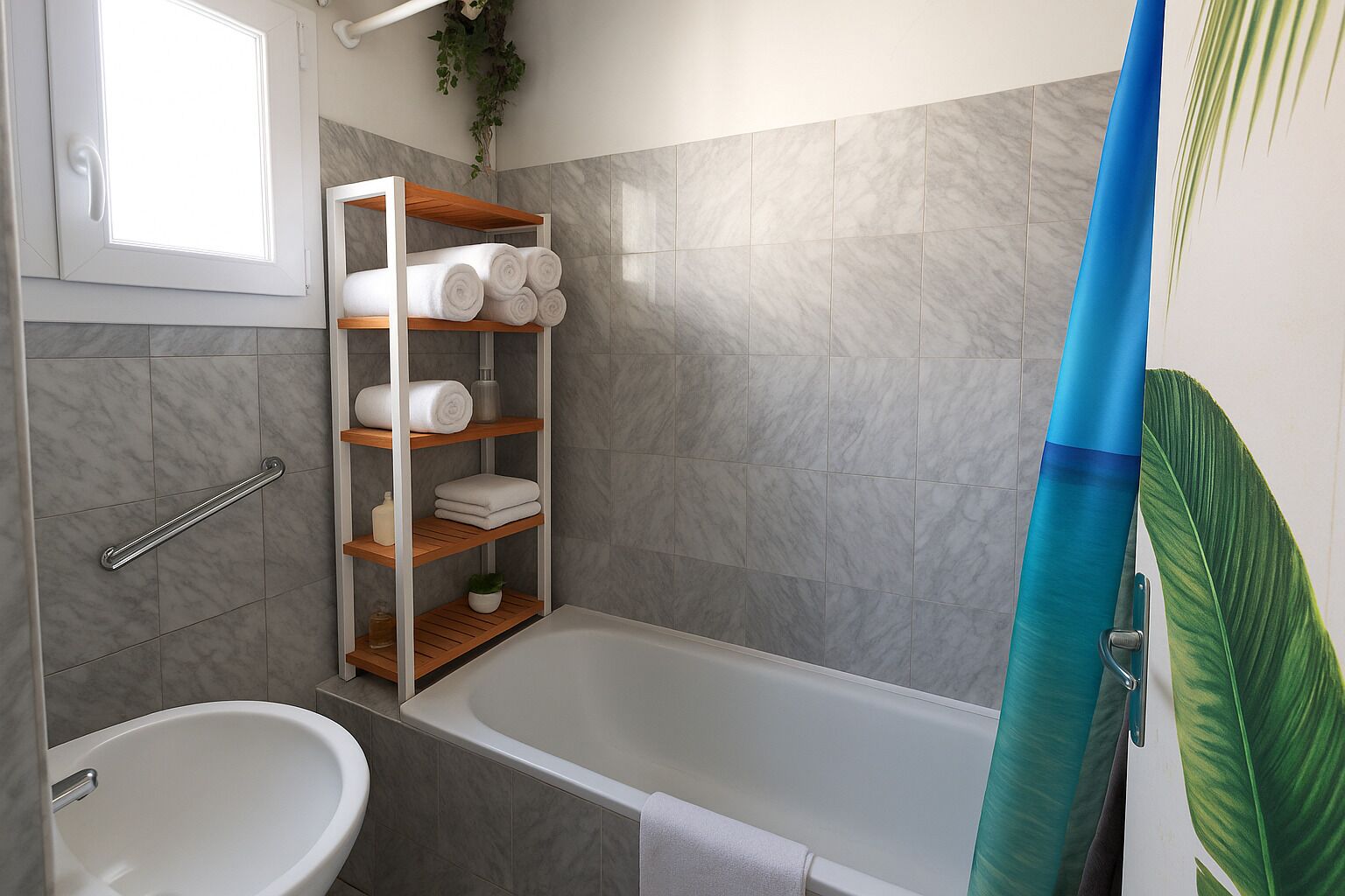 Ein Badezimmer mit Badewanne, Toilette, Ablagefläche mit Handtüchern und Duschvorhang.