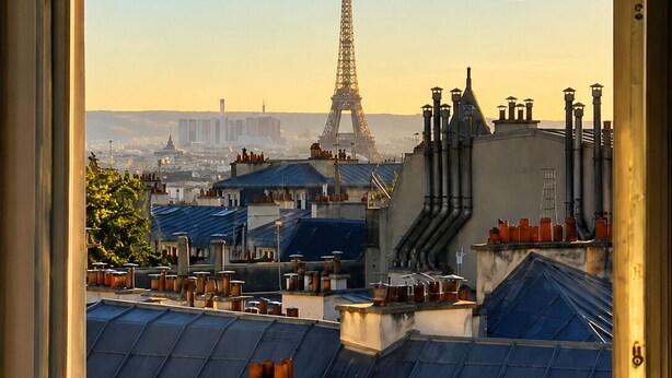 A view of the Eiffel Tower from a window overlooking a cityscape with rooftops and buildings. - Montmartre & Eiffel Tower View – In the Heart of Authentic Paris (Paris)
