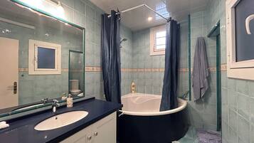 Hair dryer, towels, soap, toilet paper