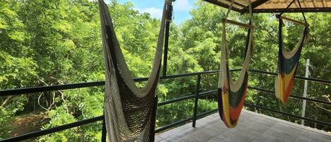 Un hamac suspendu à une structure métallique, d’où l’on peut admirer une forêt verdoyante et luxuriante.