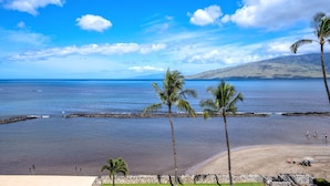 A beach with palm trees, a clear sky, and a view of the ocean. - Upscale Oceanfront Penthouse Vistas (Kihei)