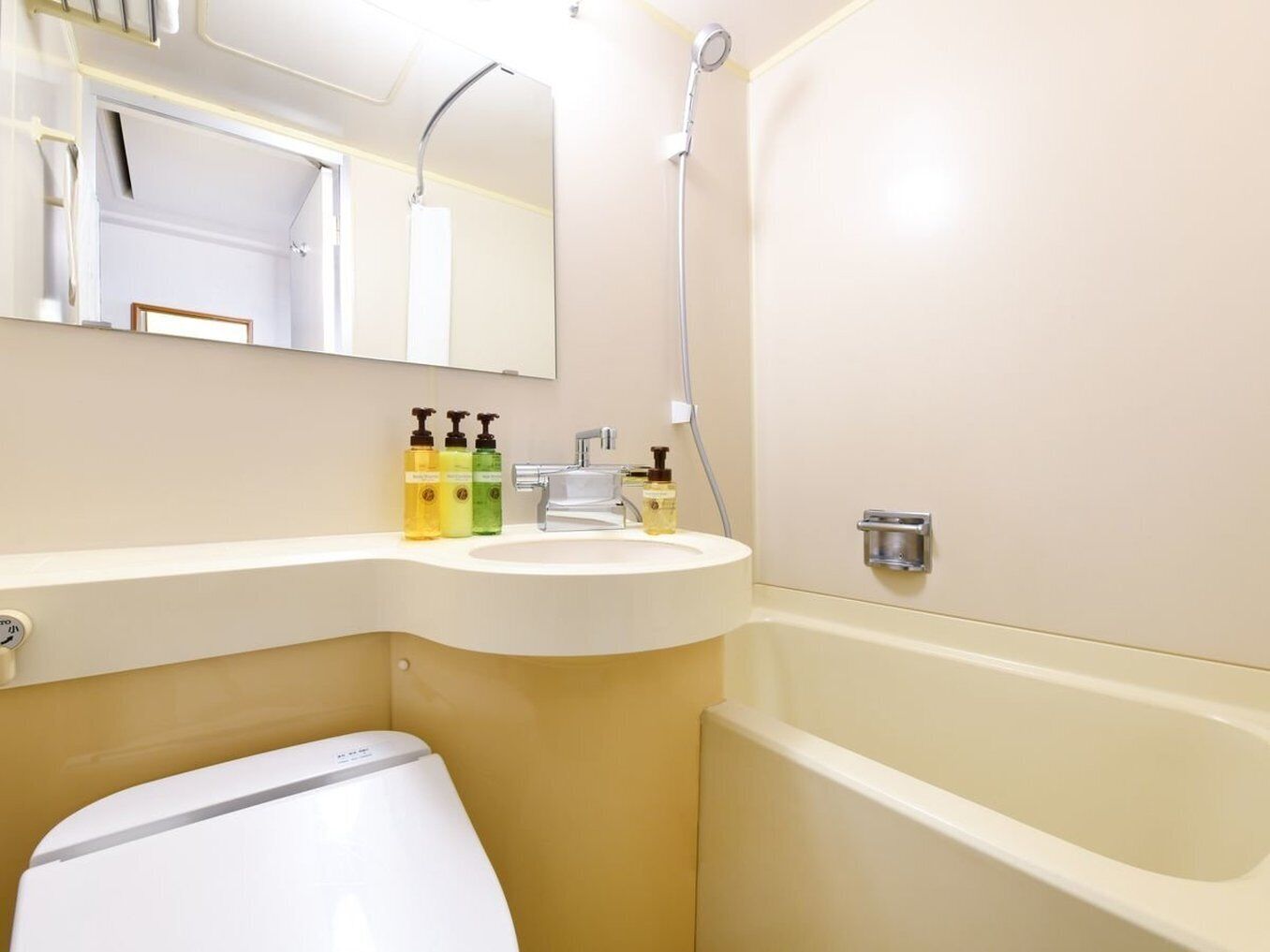 A bathroom with a white toilet, a sink with soap dispensers, a shower, and a mirror.