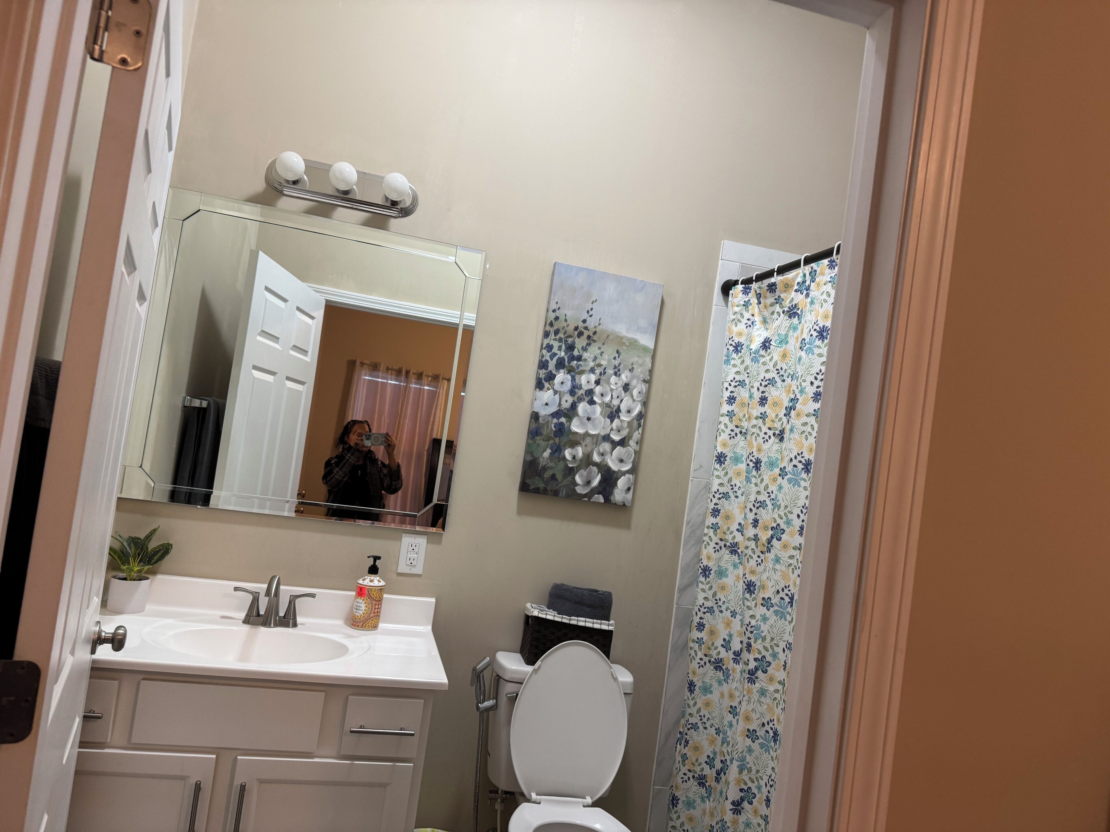 Une salle de bain équipée d’un lavabo, d’un miroir, de toilettes et d’un rideau de douche.