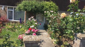 Ein Rosenweg, der zu einem Haus führt.