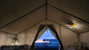 A tent with a bed, a table with a lamp, and a chair. - Raptor Ranch (Williams)