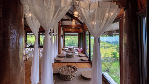 Interior de madera con vistas a un paisaje verde a través de amplios ventanales. Hay varios taburetes redondos tejidos y una cesta de mimbre en el suelo.