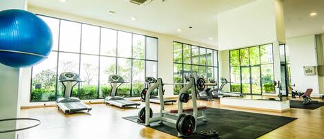 A spacious gym with large windows, treadmills, weight machines, and a blue exercise ball.