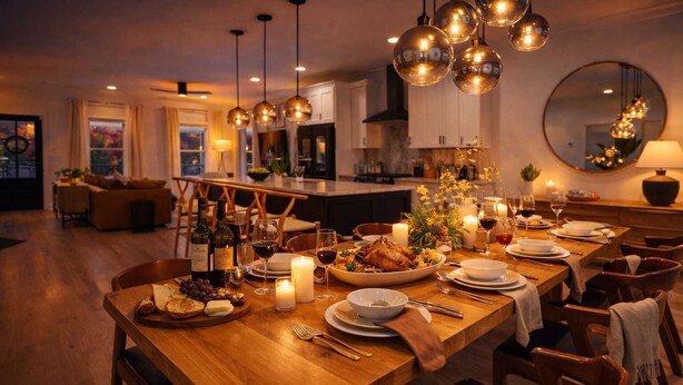 A dining area with a wooden table set for a meal, surrounded by chairs, with a kitchen in the background.