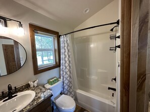 Hair dryer, towels, soap, toilet paper