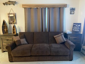 Smart TV, fireplace, video games, DVD player