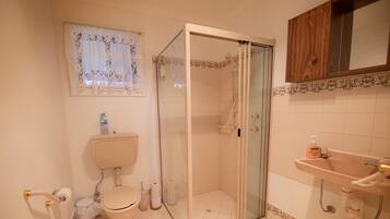 Shower, hair dryer, towels, toilet paper