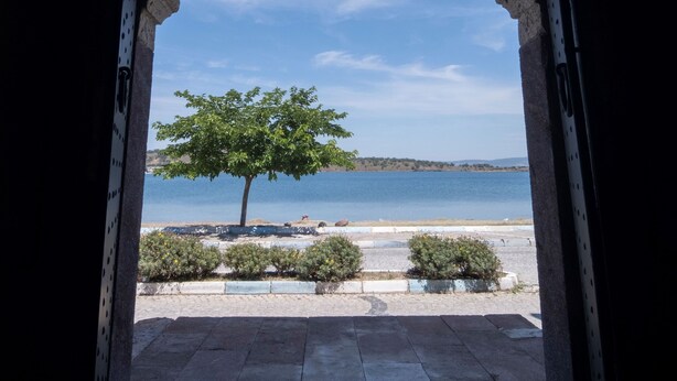 Un arco de entrada da a una vista de la playa, con un árbol y cielo despejado.
