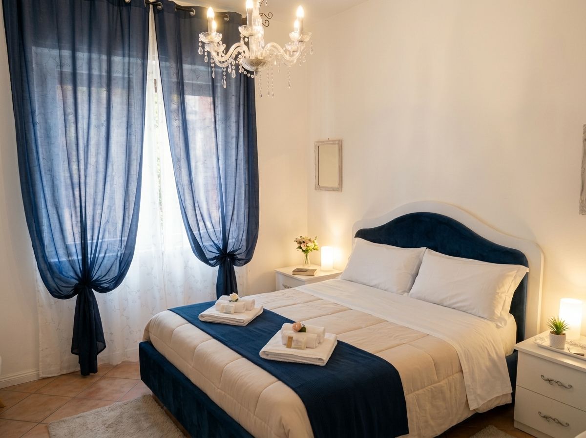 Hotellihuone, jossa on sänky, yöpöytä, kattokruunu ja ikkuna, jossa on verhot.