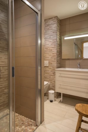 A modern bathroom with a glass shower enclosure, a toilet, and a vanity with a mirror. - Chalet Panoramic - Valloire (VALLOIRE)