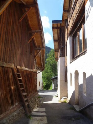 Stroll through a charming alleyway lined with traditional buildings, offering access to upper levels via a rustic ladder.