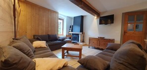 Télévision, cheminée, lecteur de DVD, chaîne hi-fi