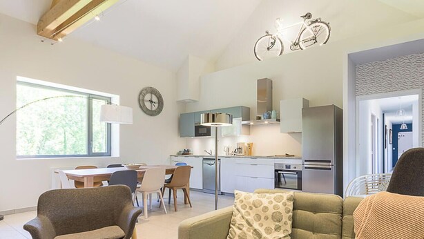 A modern living room with a sofa, chairs, a dining table, and a kitchen in the background. - Gite DU Miron - St-paul-sur-yenne (ST-PAUL-SUR-YENNE)