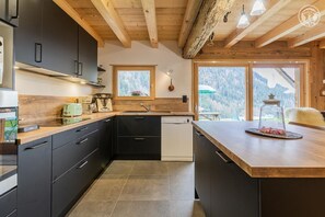Une cuisine moderne avec des meubles de couleur sombre, un plan de travail en bois, un lave-vaisselle et une vue sur des montagnes enneigées par de grandes fenêtres.
