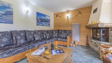 TV connectée, cheminée, lecteur de DVD, chaîne hi-fi