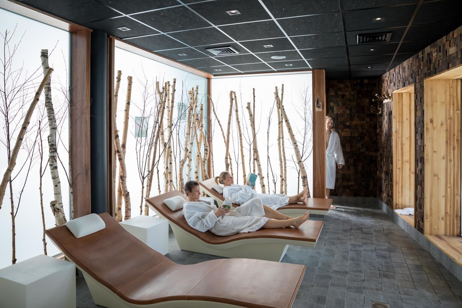 A spa area with reclining chairs, birch trees, and a wooden wall.