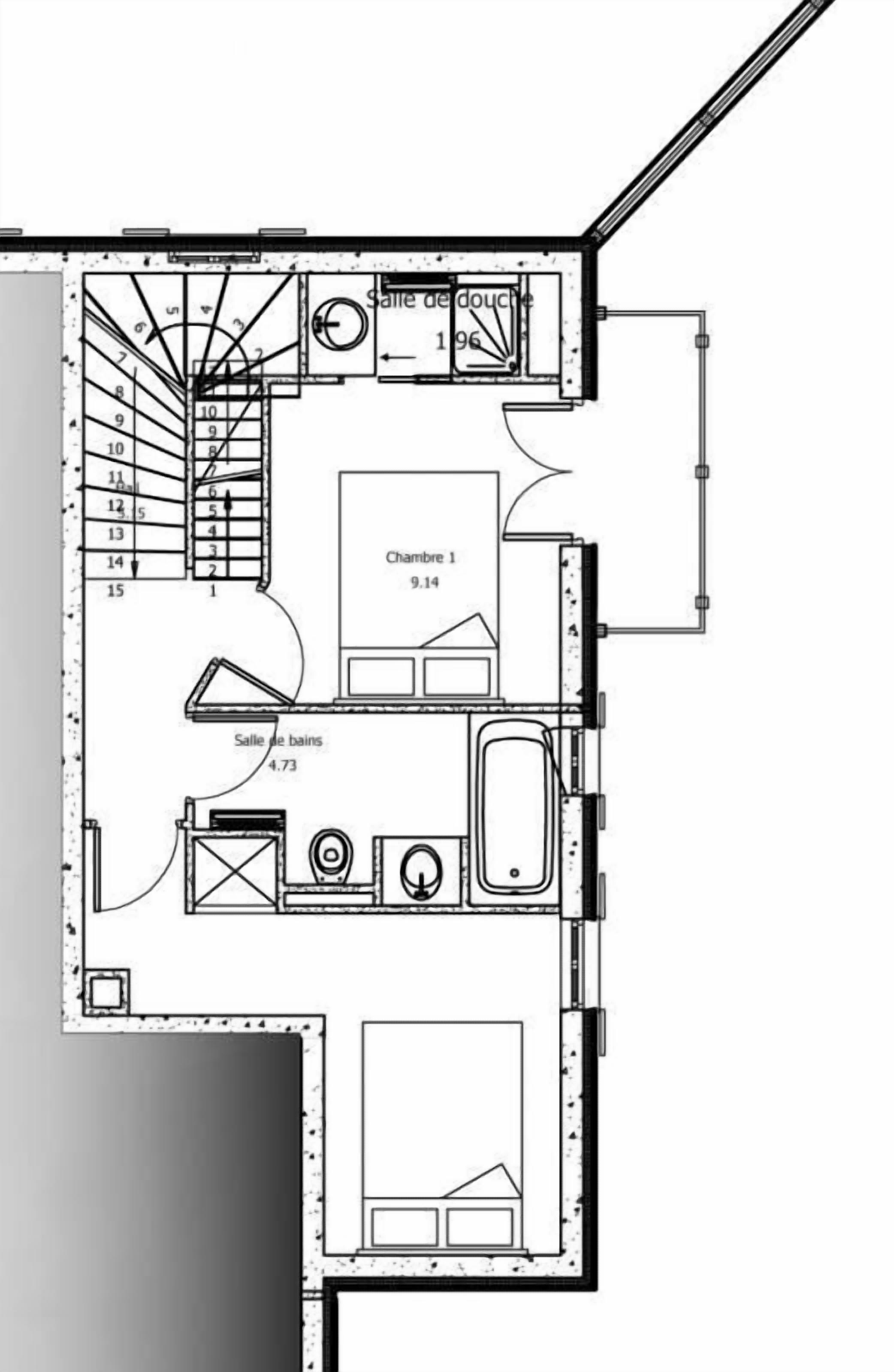 Un plan d’étage comprenant une salle de bain, une chambre, une salle de bain et un espace cuisine.