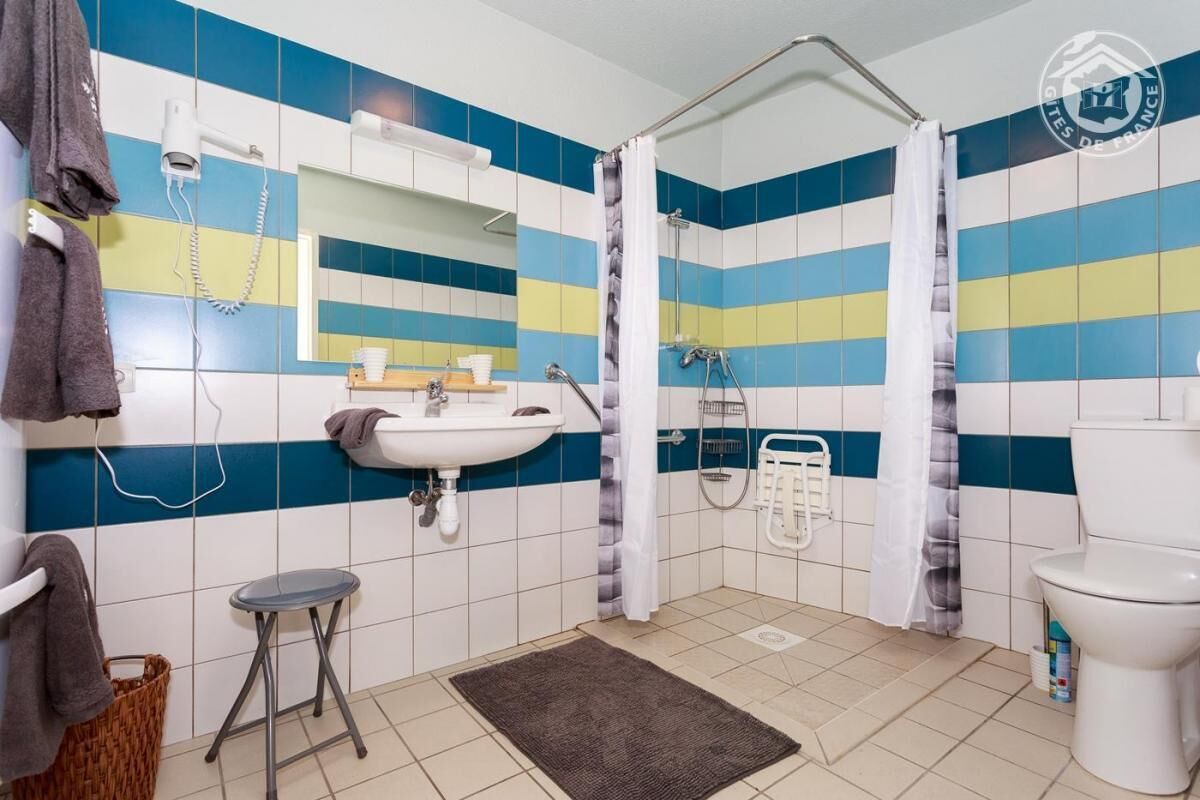 A bathroom with a sink, toilet, shower, and a mirror.