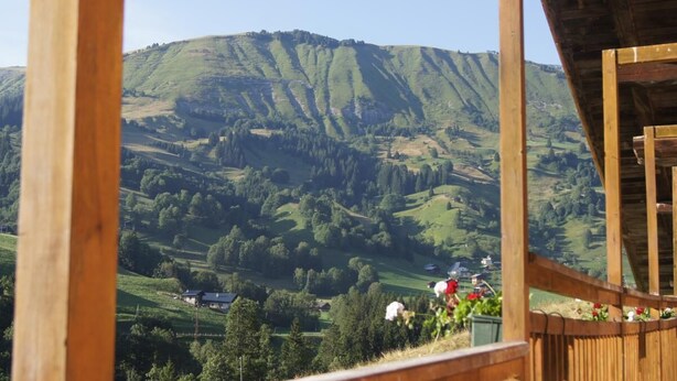 Eine Holzhütte mit Blick auf ein grünes Tal und Hügel.