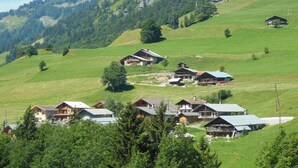 Eine Gruppe traditioneller Holzhäuser mit geneigten Dächern, eingebettet in ein üppiges, grünes Tal, dessen Hintergrund von felsigen Hügeln gebildet wird.