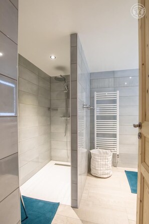 Douche, séchoir à cheveux, serviettes fournies