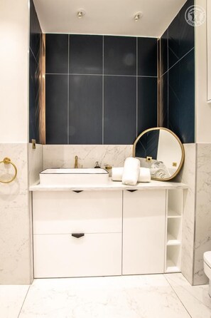 Shower, hair dryer, towels