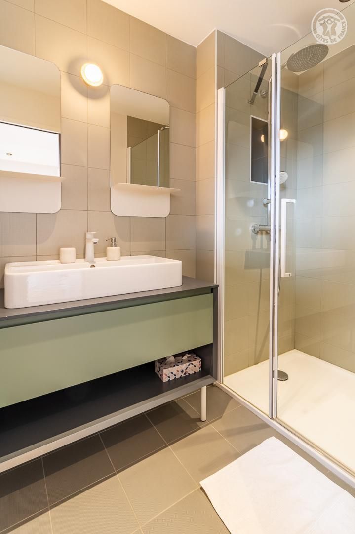 A modern bathroom with a glass-enclosed shower, a white sink with a mirror above it, and a shelf below the sink.
