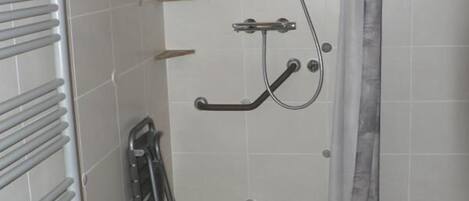 A shower area with a tiled floor, a showerhead, and a handrail.
