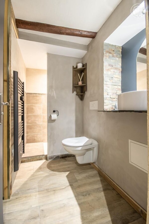 A bathroom with a toilet, a towel rack, and a shower area.