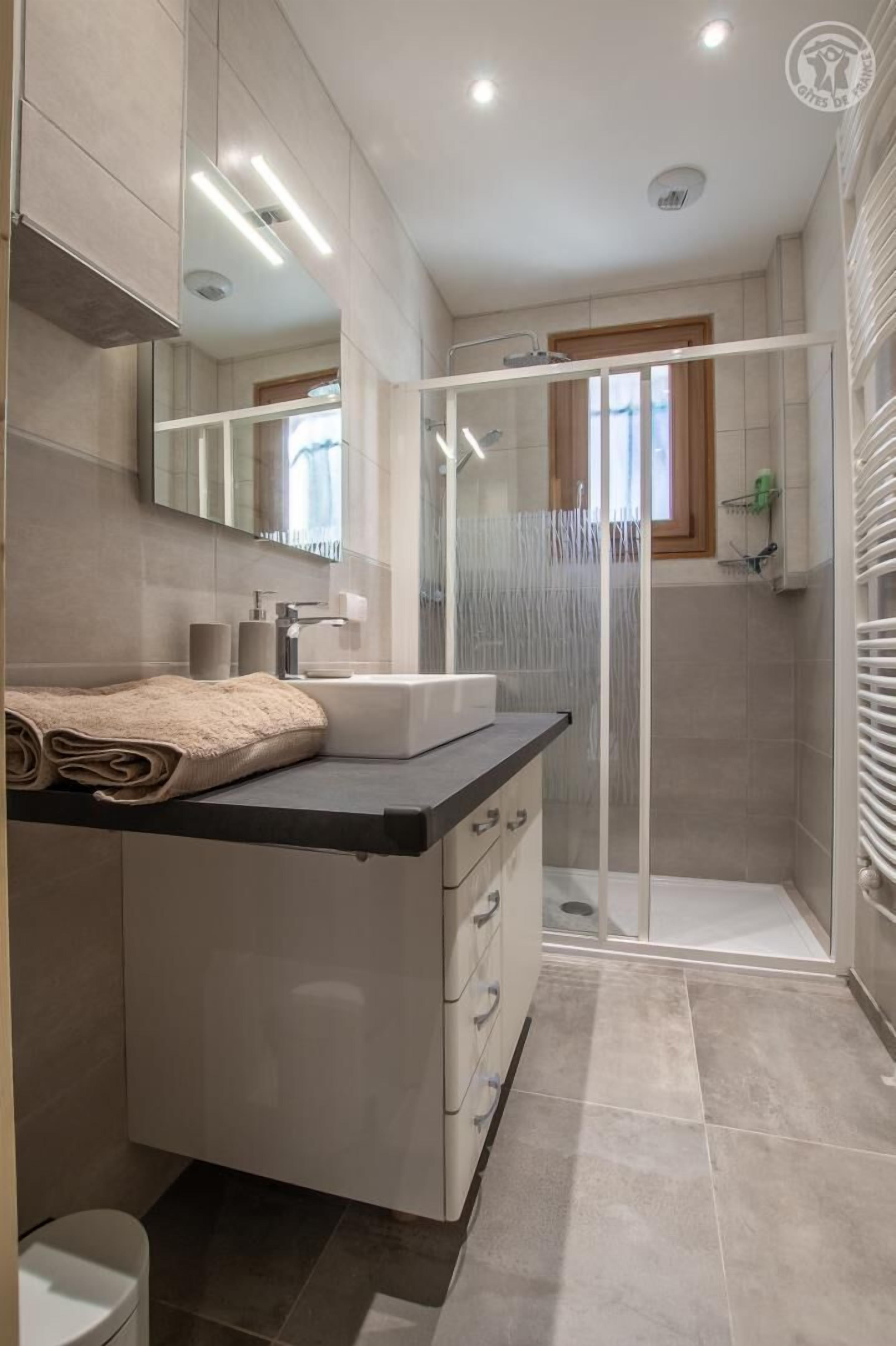 Chuveiro, secador de cabelo, toalhas de banho 