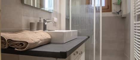 Shower, hair dryer, towels