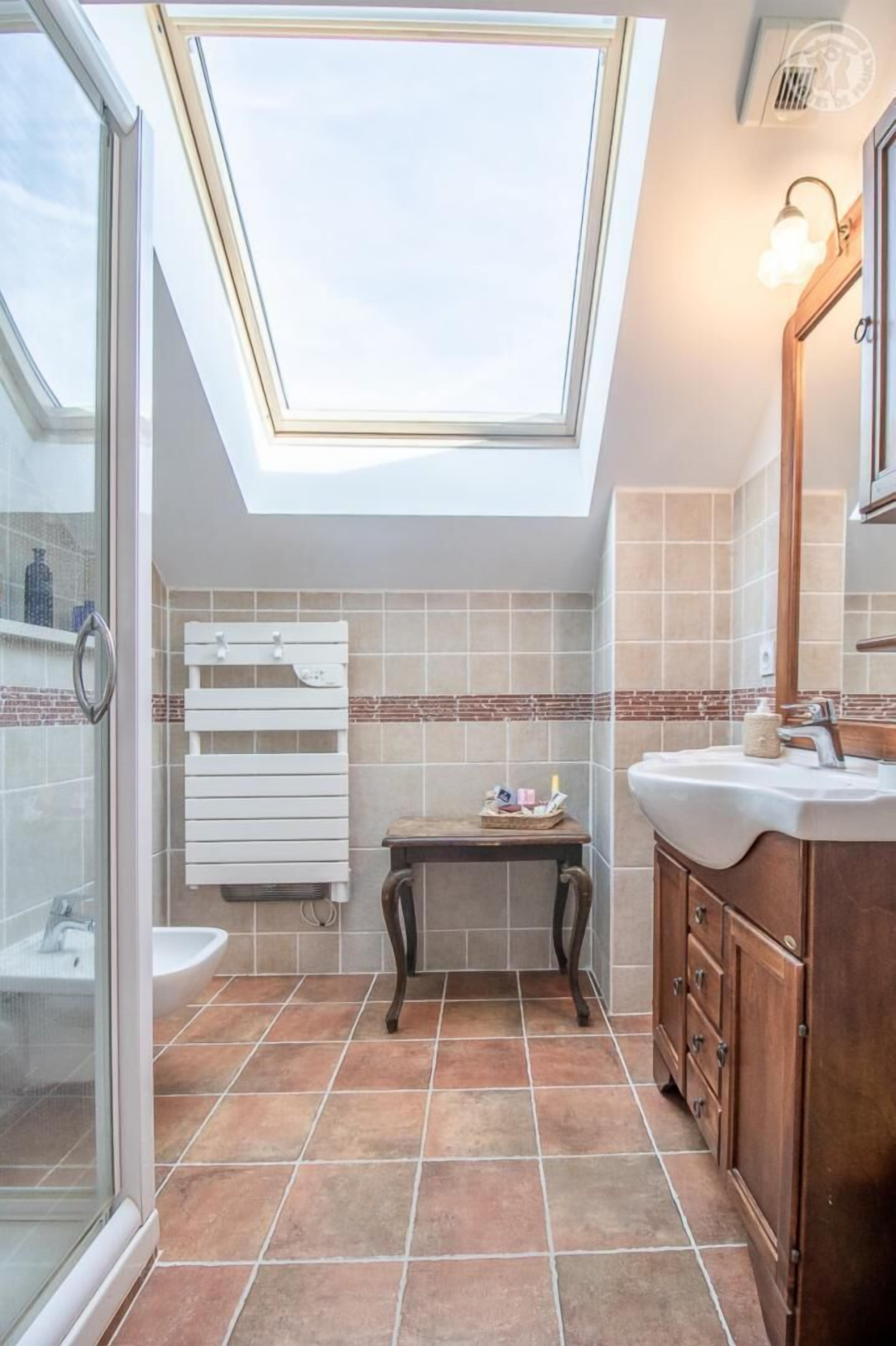 Shower, free toiletries, hair dryer